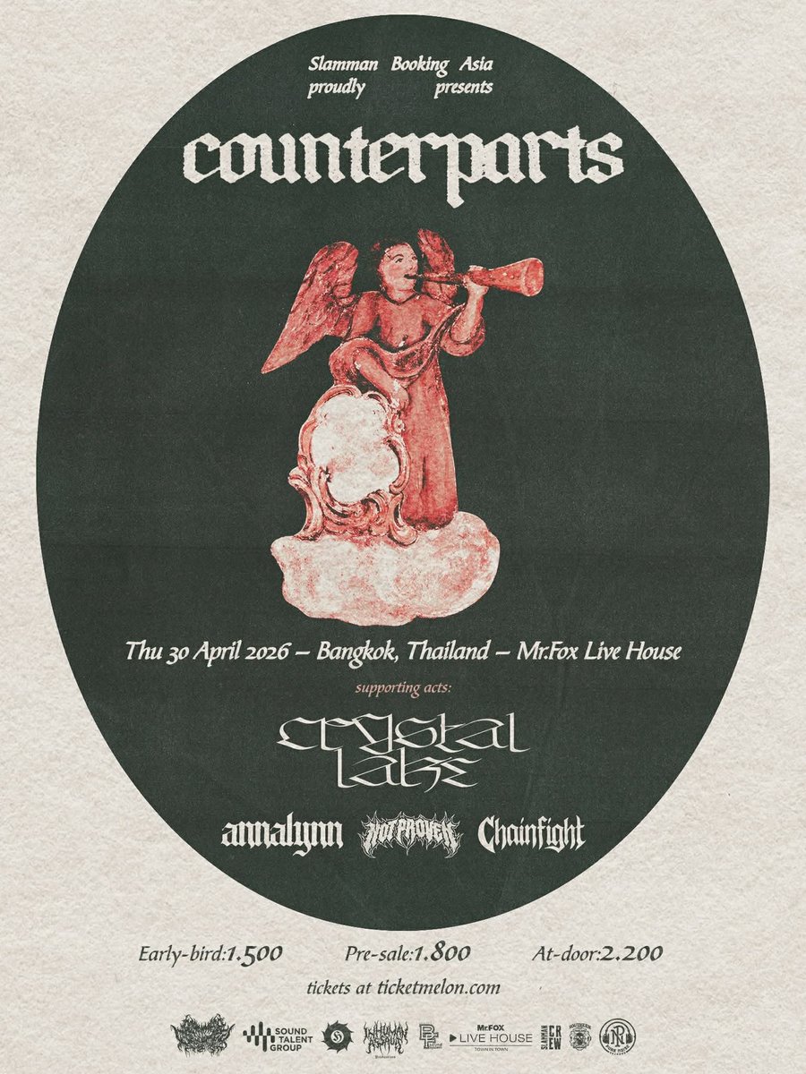 CrystalLake777's tweet photo. 【NEWS】
Counterparts w/ Crystal Lake
2026.4.30 Thu
Bangkok, Thailand
@ Mr. Fox Live House
Tickets will be available on Feb 28th
12:00PM (THAILAND TIME)
🎫https://t.co/5ricvGYeXo
#crystallake #counterparts #bangkok #thailand https://t.co/aAvOwPapGw