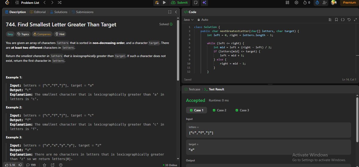 AmjadKhan9756's tweet photo. Day 37/365:- Doing #DSA on #LeetCode
Today solve one problem
Problem: 744. Find Smallest Letter Greater Than Target
#DSA #NexJS #fullstackdeveloper https://t.co/aJnElFd2fD