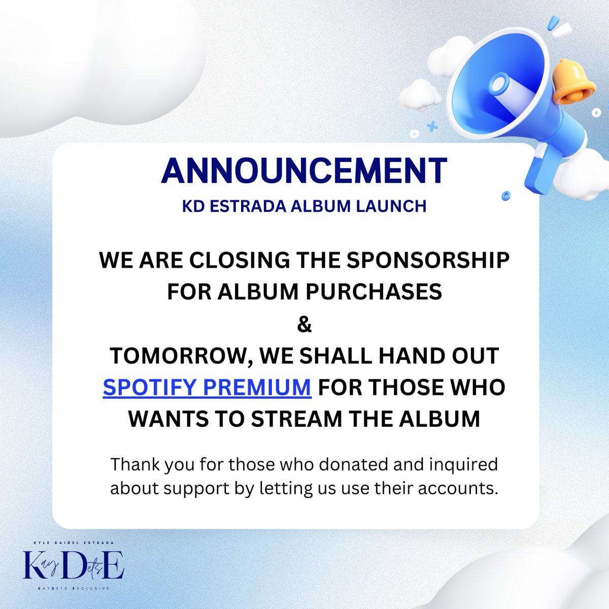 KAYDETStrend's tweet photo. [INQUIRY]

We are collating a list of supporters who may need  Spotify Premium to assist in streaming

Kindly reply in this thread if you want to be part of our Music Streaming Team!

Thank you! https://t.co/s6ZbbE3LA7