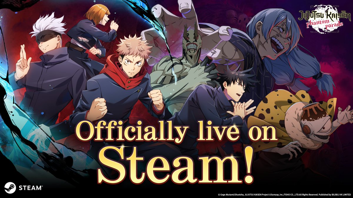 JJKPP_GL's tweet photo. ◤#JujutsuKaisenPhantomParade◢
＼Steam Version Now Live!／

#JujutsuKaisenPhantomParadeGlobalEdition is now officially live on Steam!
Head to Steam now to download the game and start playing!

※Steam accounts and Bilibili accounts are not shared. You can link your account to log in on other clients.

◤------------------
#JujutsuKaisenPhantomParade Steam Page:
https://t.co/FJsqiwjI6V
--------------------◢

Steam Wishlist event rewards have also been sent to Gift. Please check them~
■ Beacon of Training * 1,000,000
■ Beacon of Recollection Bits * 100,000
■ Chaotic Jujutsu Crystal * 1
■ AP Supplementary Pack * 10

Additionally, to celebrate the launch of the Steam Version, a repost giveaway event will be held.
▼Repost Giveaway Event
① Follow the official account:  https://t.co/q4Ac34ho5n
② Repost this post.
On 3/15, we will randomly select 10 players from global participants in each language, each receiving [Cube * 300]!

#JujutsuKaisenPhantomParade #jjkphantomparade