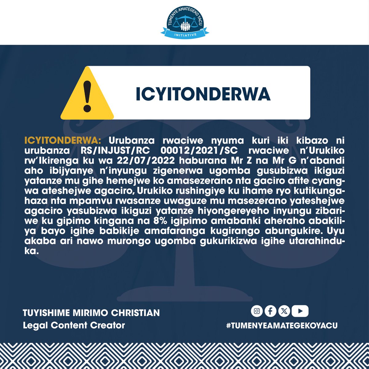 TumenyeAmategek's tweet image. ESE IYO URUKUKO RUSANZE IKIGUZI CYATANZWE N'URUHANDE RUMWE MUZAGIRANYE AMASEZRANO KIGOMBA GUSUBIZWA HAMWE N'INYUNGU, IZO NYUNGU ZIBARWA KU KIHE KIGERO?

@TumenyeAmategek Initiative irabashishijariza gukomeza gukurikira ubu bumenyi, Murakoze!
@Rwanda_Justice @Rwanda_Bar 
#RwOT
