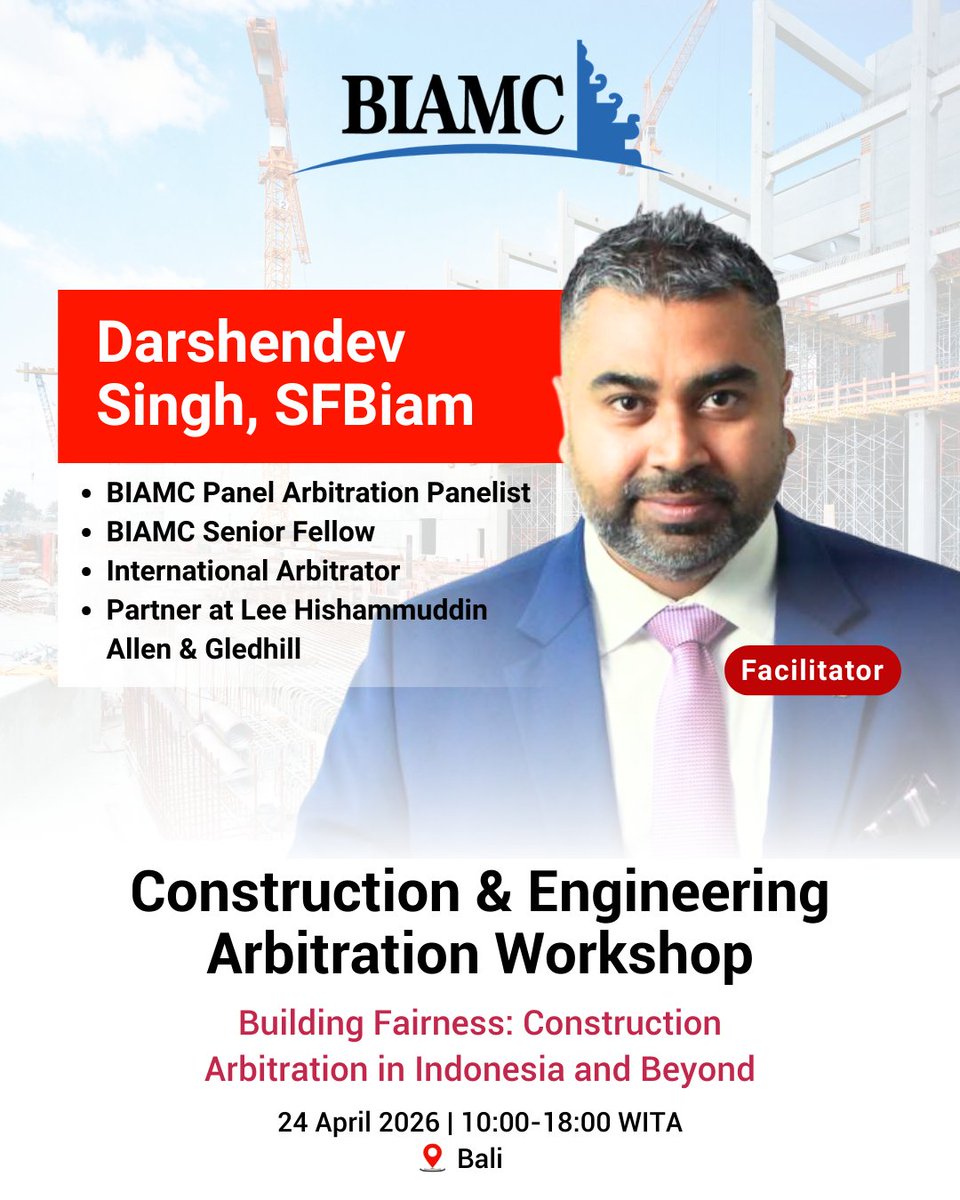 We are pleased to welcome Mr. Darshendev Singh as Facilitator at the BIAMC Construction and Engineering Arbitration Workshop.

form.jotform.com/biamc/Interest…