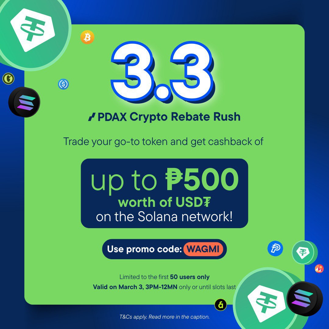 Don’t miss the campaign from <a href="/pdaxph/">PDAX</a>

• Get a 50% trading rebate (up to ₱500 USDT) on March 3
• Limited to 50 slots only — first come, first served
• Complete the steps and use promo code WAGMI

• Check the full mechanics and don't forget to join!! ✨ t.me/PDAX_official/…
