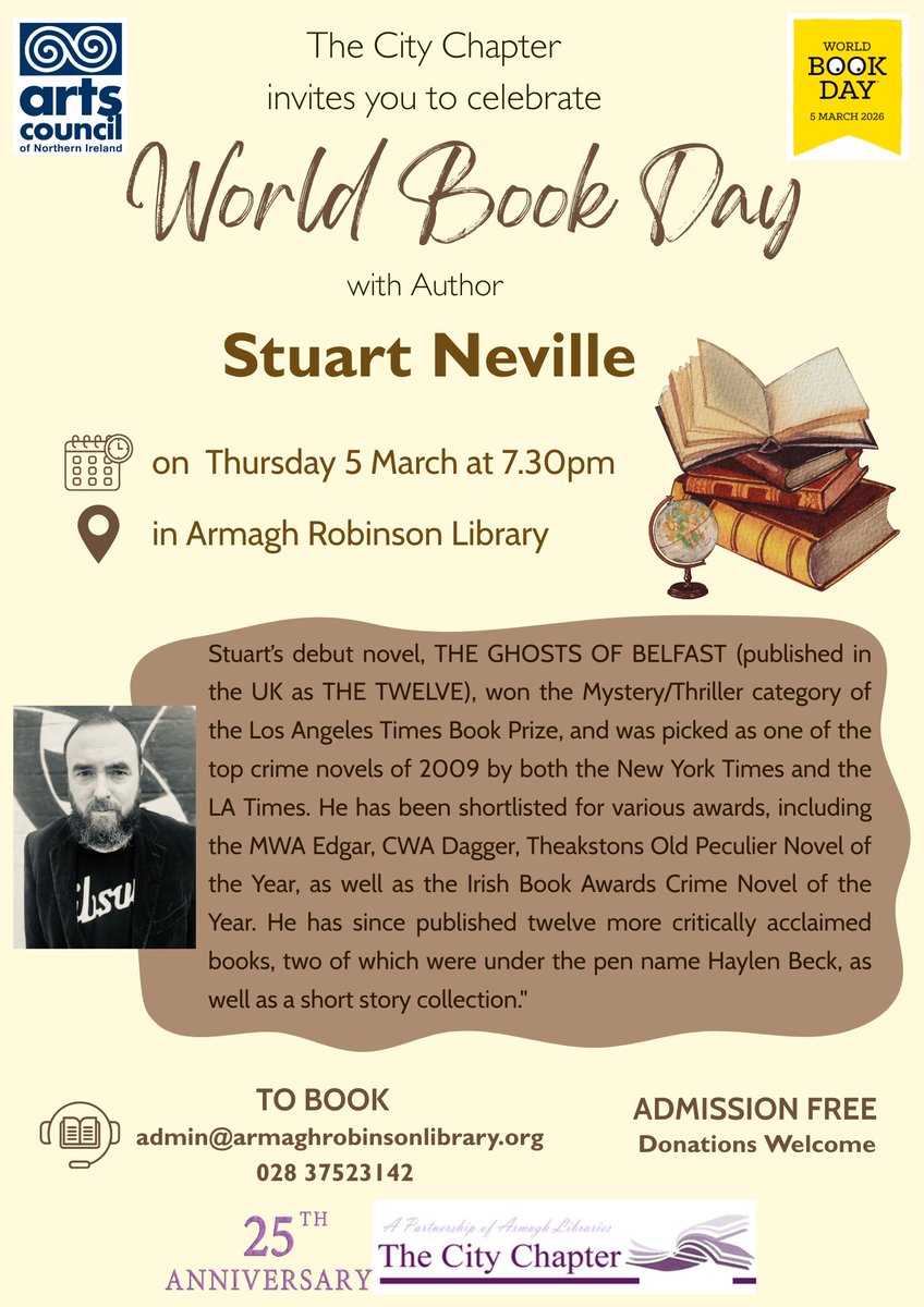 OFiaichLibrary's tweet photo. Join the City Chapter in @ArmRLib as we celebrate World Book Day 2026 in #Armagh with Stuart Neville. Thusday 5 March https://t.co/SZSLLUjd23