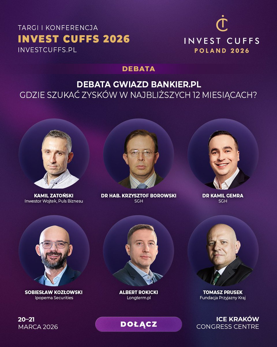 InvestCuffs's tweet photo. Gdzie szukać zysków w najbliższych 12 miesiącach? To pytanie, które zadaje sobie każdy inwestor.
Odpowiedzi poszuka sześciu czołowych ekspertów rynku — w Debacie Gwiazd https://t.co/FPFpTiJxDm:

Kamil Zatoński — Puls Biznesu
Dr hab. Krzysztof Borowski — SGH
Dr Kamil Gemra — SGH
Sobiesław Kozłowski — Ipopema Securities
Albert Rokicki — https://t.co/oRP1bi1bii
Tomasz Prusek — Fundacja Przyjazny Kraj

Sama czołówka polskiego rynku kapitałowego na jednej scenie.

Invest Cuffs 2026, 20–21 marca, Kraków.
Link do biletów w komentarzu.