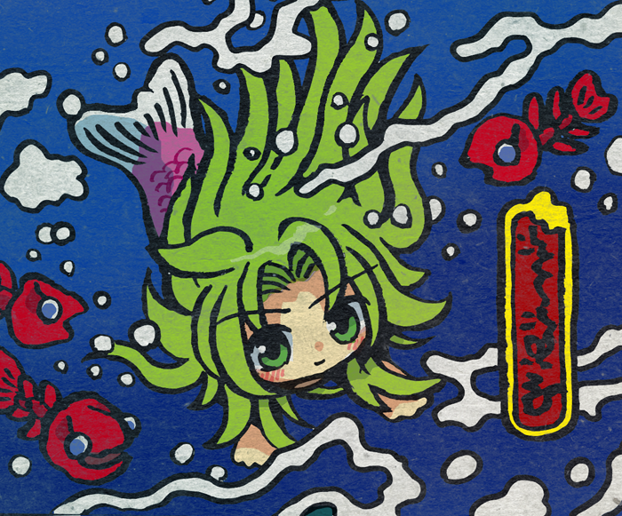 がんばれゴエモンのイラスト描く。ヤエちゃんの人魚へんげの術。