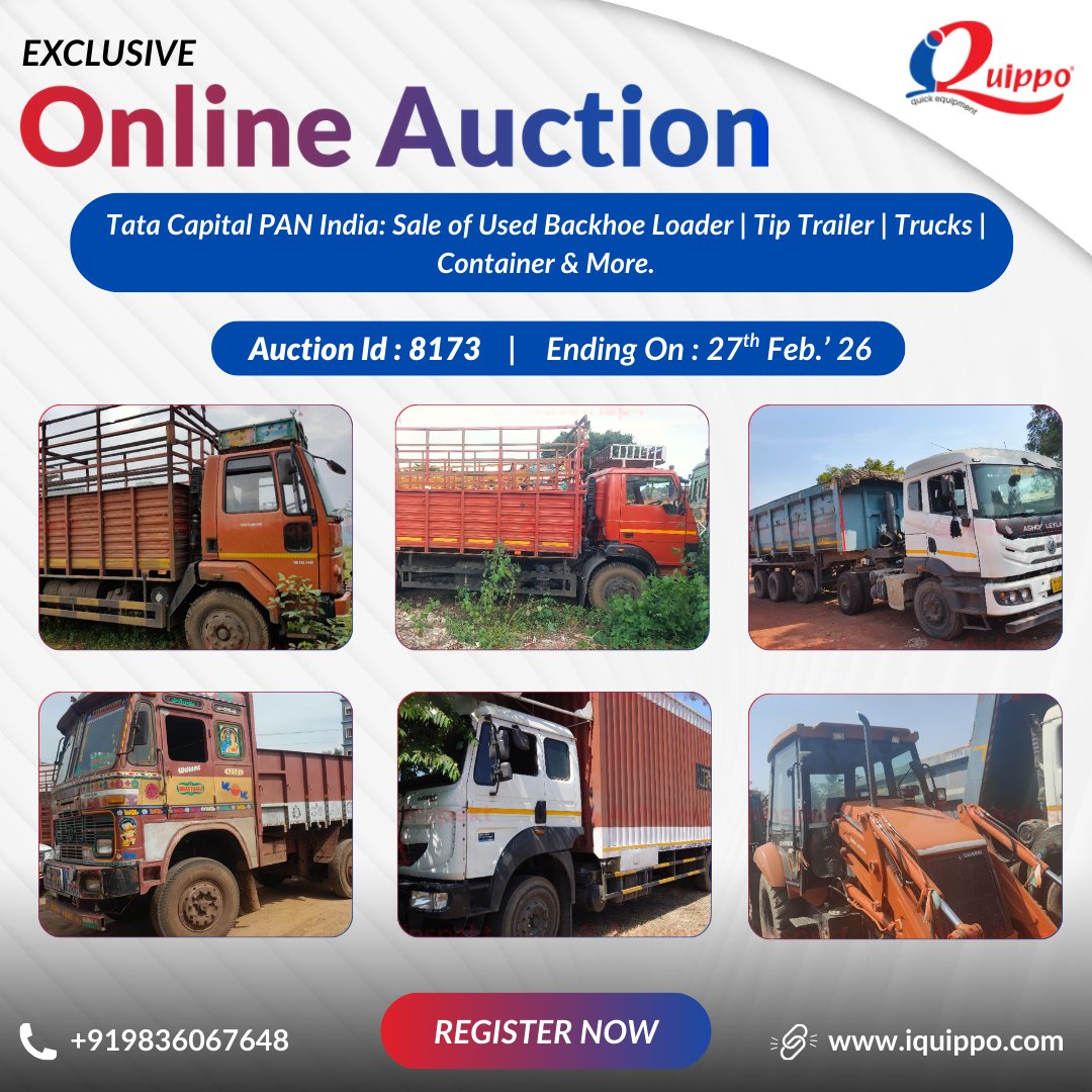 IQuippo's tweet photo. 🔴 LIVE NOW | Ending Today
Tata Capital PAN India Auction
Used Backhoe Loader | Tip Trailer | Trucks | Container & More 🚛
👉 Bid Now: https://t.co/TyV3Xx8CYR
📞 +91 9836067648
#iQuippo #TataCapital #VehicleAuction #BackhoeLoader #UsedTrucks #TipTrailer #ContainerSale https://t.co/zChyrgwq6W