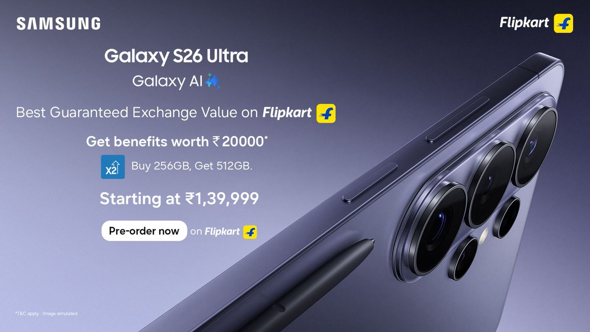 Honestly seeing 512GB for the price of 256GB along with 20000 rupees benefits on Flipkart makes the Galaxy S26 Ultra pre order feel like a golden opportunity.
#PreOrderGalaxyS26onFlipkart