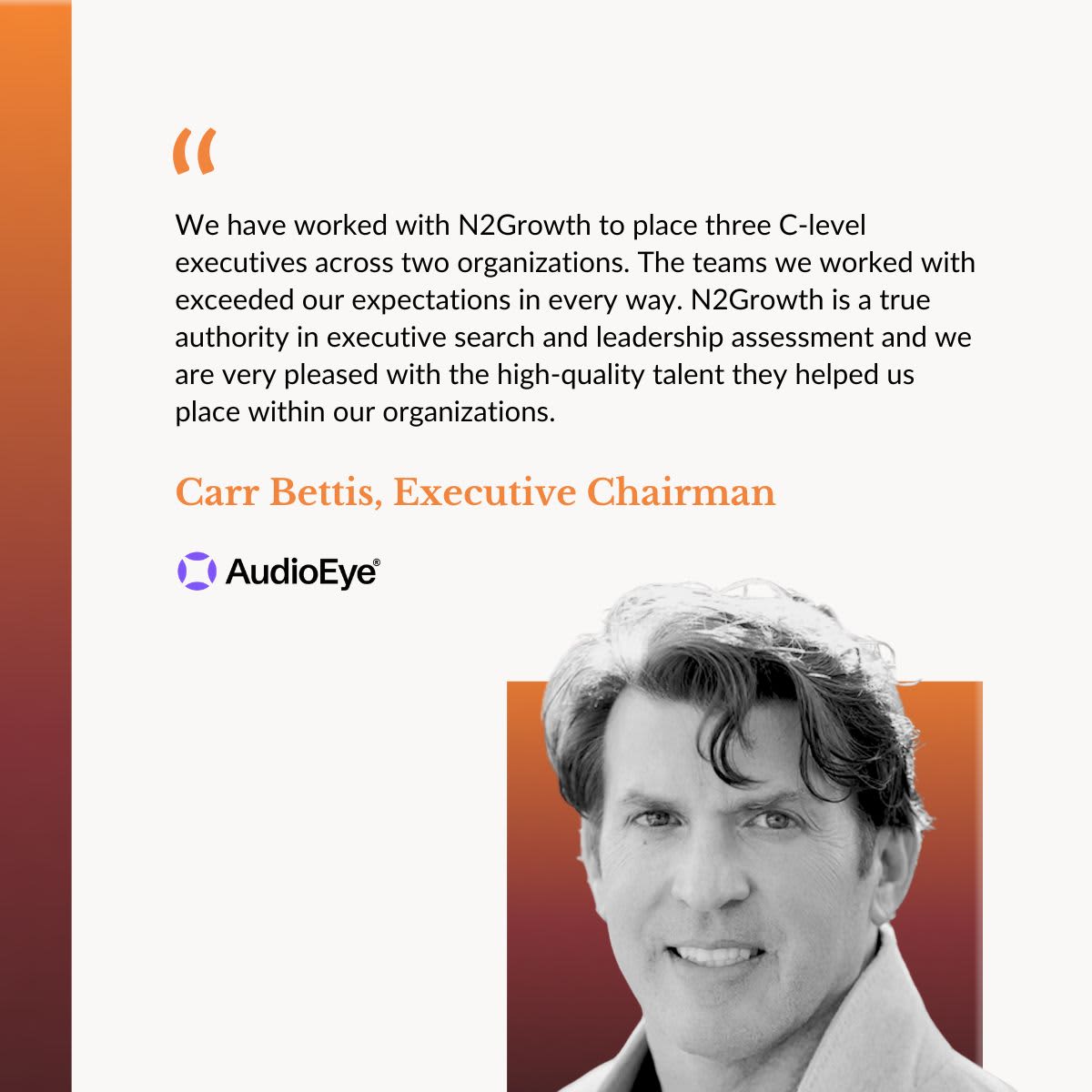M2912P's tweet photo. Carr Bettis, Executive Chairman of AudioEye, has trusted us to place three C-level executives across two organizations. His verdict? “A true authority in executive search and leadership assessment.”

Where leadership matters most, so does who you trust to find it. … https://t.co/kimiODoNAS