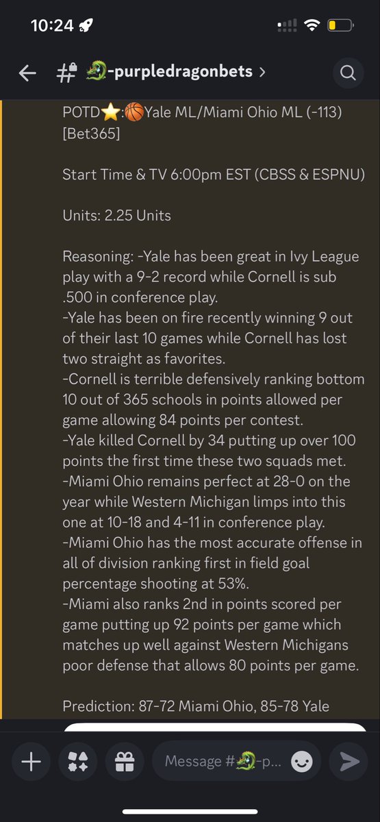 2/28 POTD

POTD⭐️:🏀Yale ML/Miami Ohio ML (-113) [Bet365]

Start Time &amp; TV 6:00pm EST (CBSS &amp; ESPNU)

Units: 2.25 Units

Prediction: 87-72 Miami Ohio, 85-78 Yale

Best of luck to everyone tailing and remember to bet responsibly lets keep stacking Ws!🍀💜🐉

#GamblingX