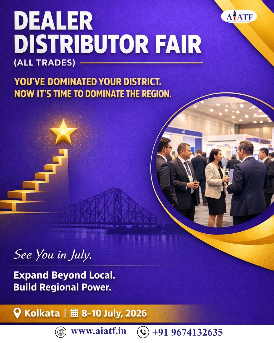 AIATF360243's tweet photo. Dominated your district?

Now dominate the region.

Dealer Distributor Fair (ALL TREADS)
Kolkata | 8–10 July, 2026

#DealerDistributorFair #AllTreads #AIATF #ScaleUp #B2B #TradeFair #KolkataExpo https://t.co/7C69ssdvd1