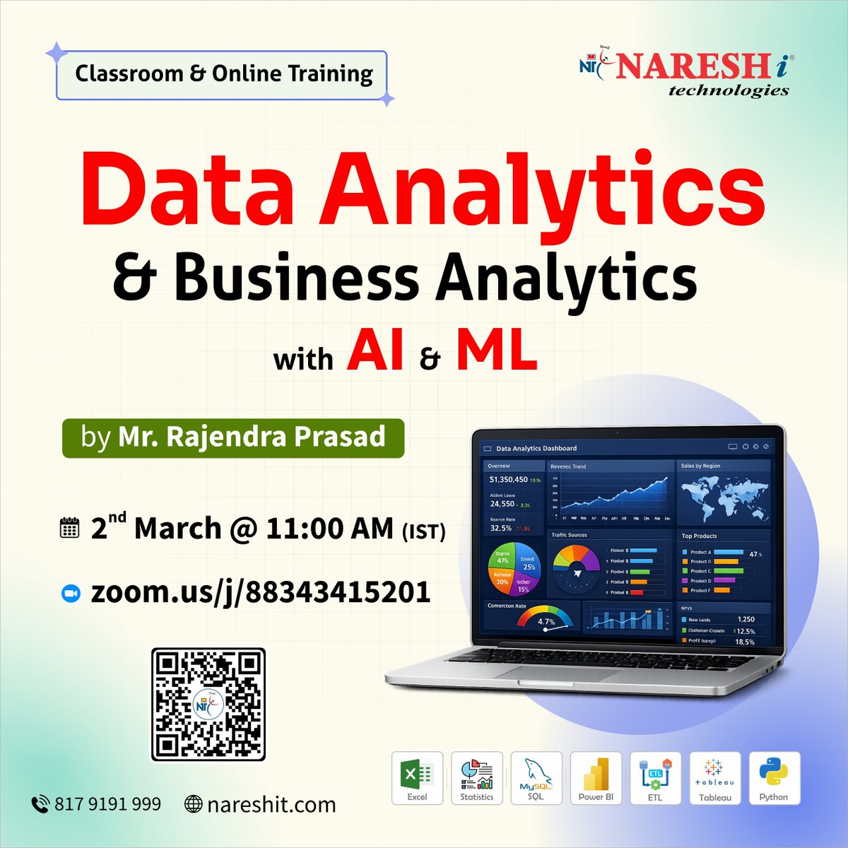 nareshitech's tweet photo. 🚀 Data Analytics &amp; Business Analytics with AI &amp; ML

👉 Register Now:  https://t.co/aIvorcDzBf

👨‍🏫 By Mr. Rajendra Prasad
📅 2nd March  2026
⏰ 11:00 AM (IST)

#DataAnalytics #BusinessAnalytics #AnalyticsCareers #DataDriven #PythonForData https://t.co/kCB6HWX1lZ