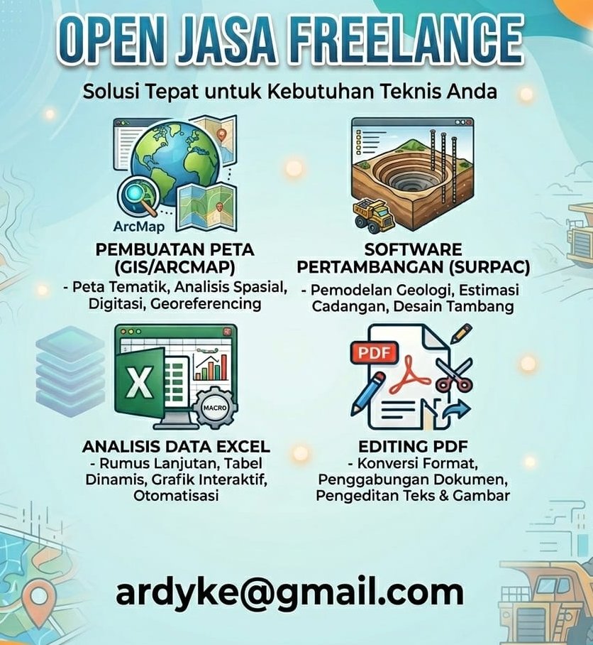 erickeman's tweet image. Open Jasa Freelance!
-Pembuatan Peta GIS (ArcMap/ArcGIS)
-Pengolahan data tambang (Surpac) – modeling, block, pit design dll
-Pengolahan &amp;amp; analisis data Excel (advance formula, pivot, VBA)
-Editing &amp;amp; pengolahan PDF.
DM for detail &amp;amp; portofolio #JasaGIS #Surpac #ArcMap #Freelance