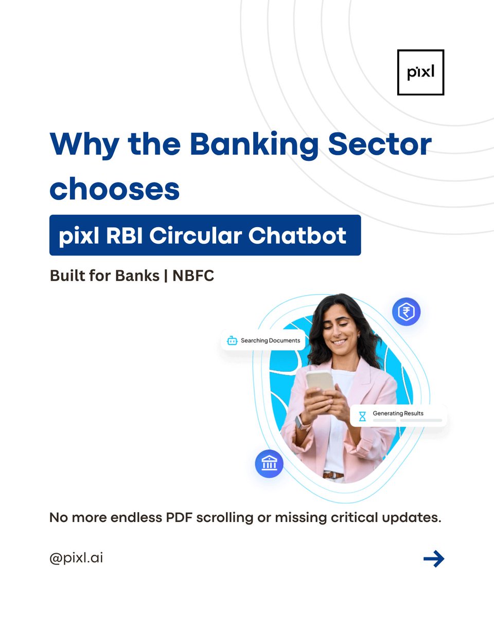 pix_dynamics's tweet photo. Enable faster compliance, reduce manual effort, and empower your teams with an AI-powered RBI Chatbot.

Swipe through to discover how Pixl RBI Chatbot simplifies regulatory interpretation

#RBICompliance #AIChatbot #BankingTechnology #ComplianceAutomation #Pixl https://t.co/FHo4mTtzrl