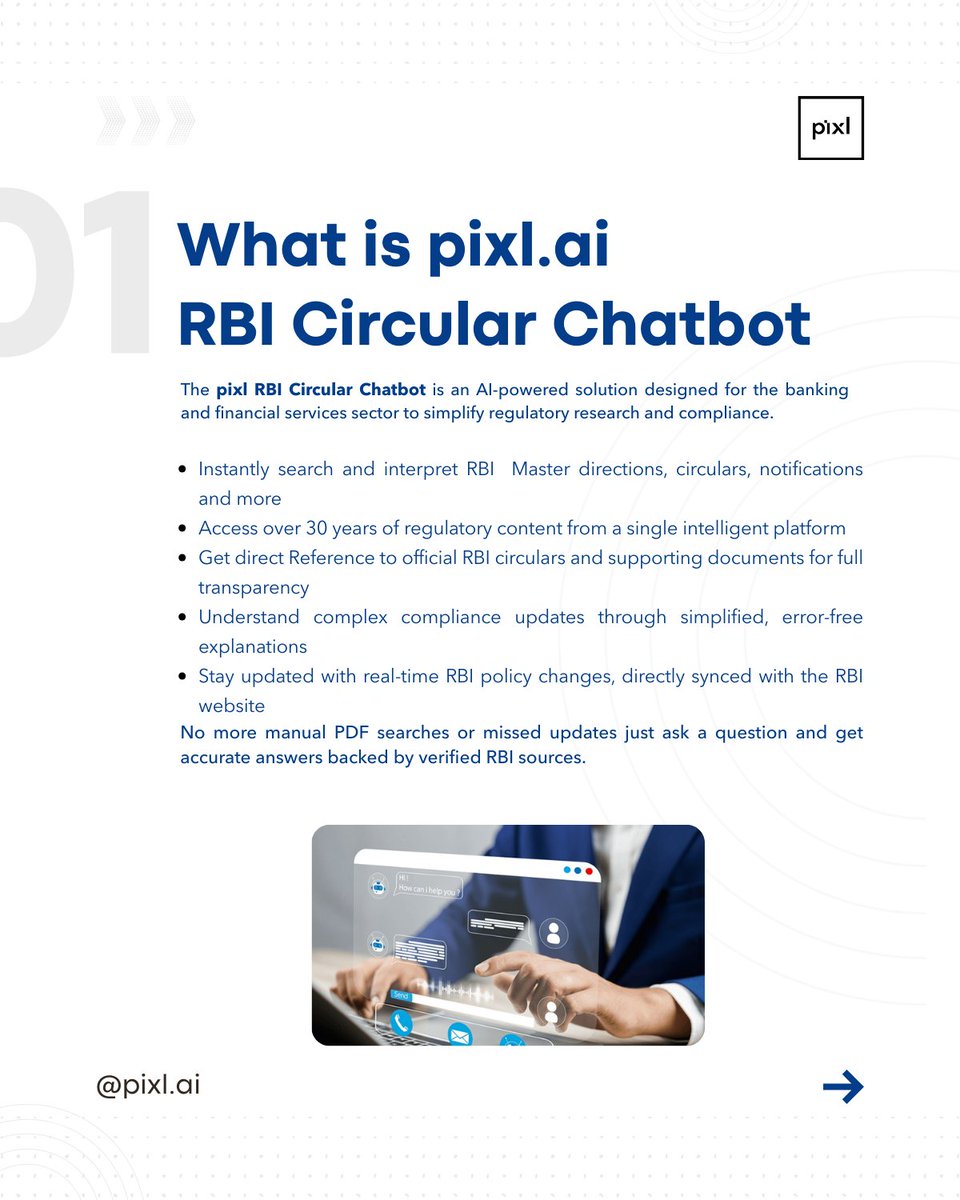 pix_dynamics's tweet photo. Enable faster compliance, reduce manual effort, and empower your teams with an AI-powered RBI Chatbot.

Swipe through to discover how Pixl RBI Chatbot simplifies regulatory interpretation

#RBICompliance #AIChatbot #BankingTechnology #ComplianceAutomation #Pixl https://t.co/FHo4mTtzrl