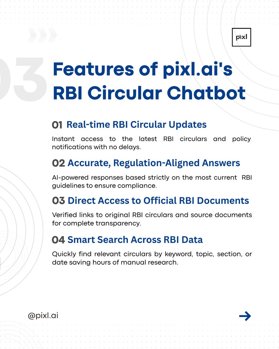pix_dynamics's tweet photo. Enable faster compliance, reduce manual effort, and empower your teams with an AI-powered RBI Chatbot.

Swipe through to discover how Pixl RBI Chatbot simplifies regulatory interpretation

#RBICompliance #AIChatbot #BankingTechnology #ComplianceAutomation #Pixl https://t.co/FHo4mTtzrl