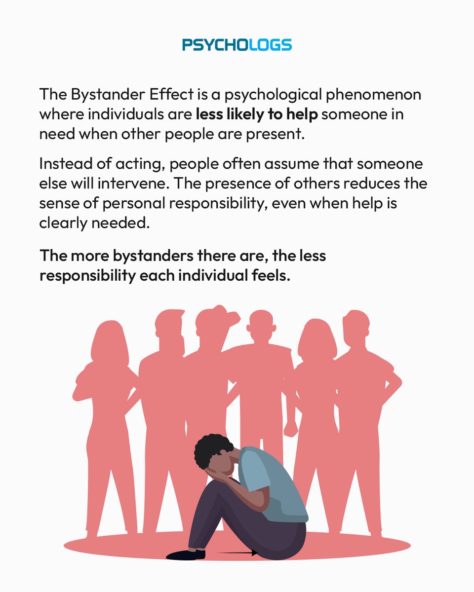 PsychologsIndia's tweet photo. The Bystander Effect explains how the presence of others can quietly reduce our sense of responsibility. Small actions, taken personally, can save lives and restore humanity.
#BystanderEffect #HelpingBehaviour #SocialPsychology #HumanBehavior #PsychologyAwareness #MentalHealth https://t.co/OeD7RMCBi2