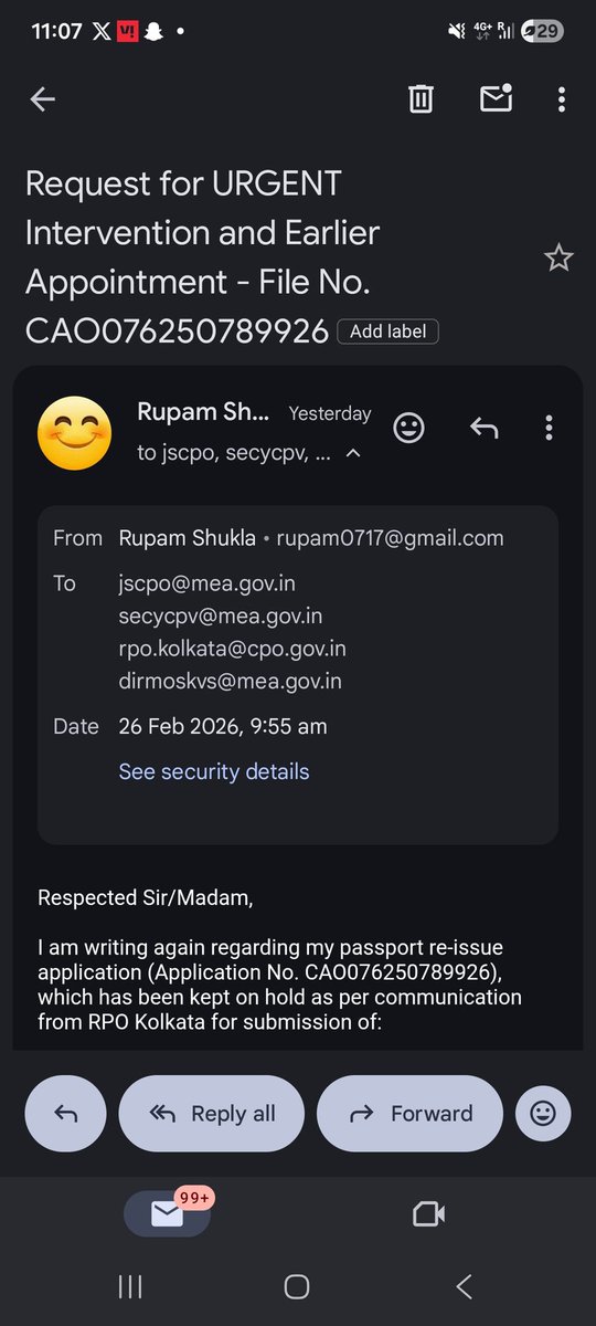 shukla_rupam's tweet photo. @AikyaBharatSena @rpokolkata @passportsevamea @DrSJaishankar @narendramodi @CPVIndia @SecretaryCPVOIA @sjaishankaroffc @narendramodi_in @KVSinghOffice These are the emails. No response from anyone https://t.co/ecy0LzjPaY