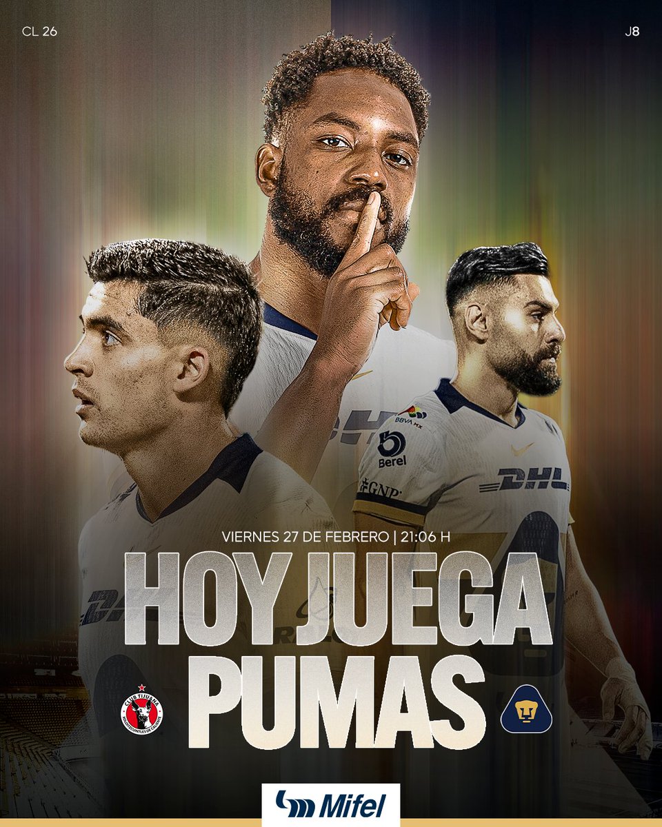 PumasMX's tweet photo. ¡ES VIERNES Y HOY JUEGAN LOS PUMAS! 🐾

💪🏻 Visitamos la frontera esta noche, nos vemos en el 🏟️ Estadio Caliente 🔥

#UnidosPorLaHistoria #PumasEsMiFelicidad @BancaMifel https://t.co/9xqcNYH9Dx