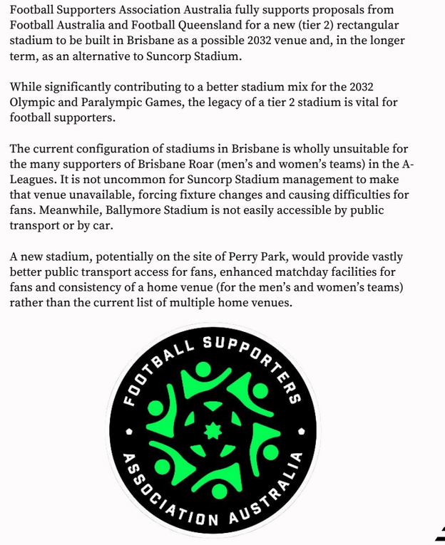 Chris57421662's tweet photo. @FSAAustralia's letter in support of @FundFooty's submission to the 100 day GIICA review. 

A second stadium is desperately needed in Brisbane. It's my opinion that it should be at Perry Park.

#fundfooty
#buildperrypark https://t.co/RrmLGF0SXx