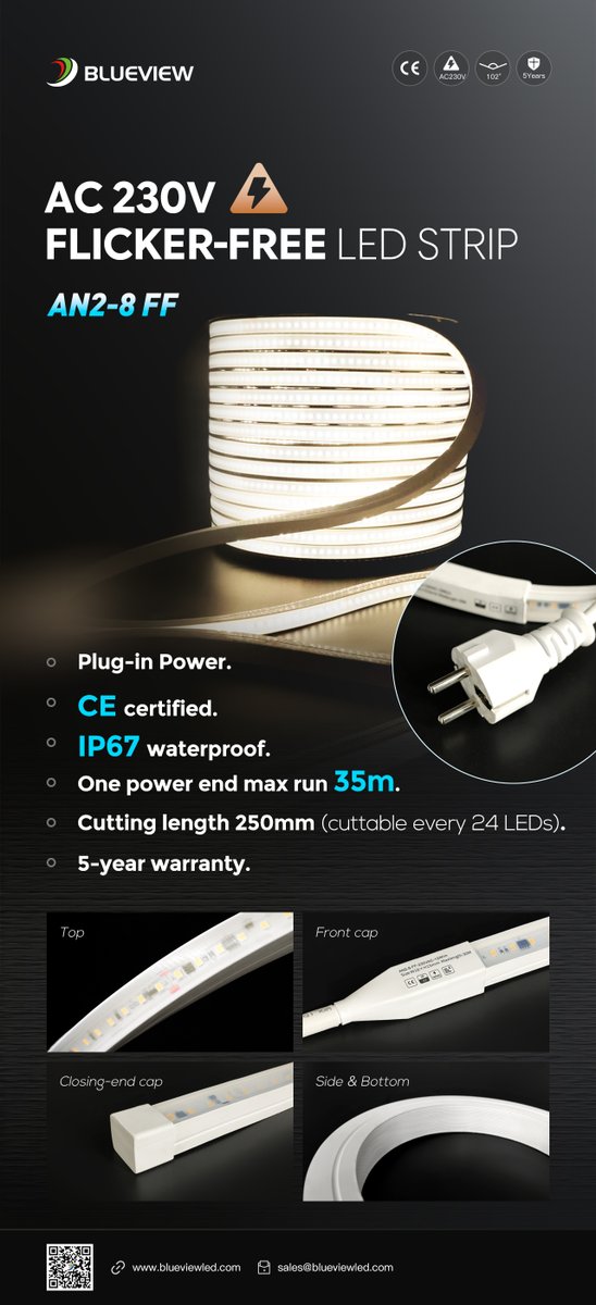 AC 230V Flicker-free LED Strip

Plug-in Power.
CE certified.
IP67 waterproof.
One power end max run 35m.
Cutting length 250mm (cuttable every 24 LEDs).
5-year warranty.

#HighVoltage #Neon #LEDstrip #Outdoorlighting #FlexibleStrip
