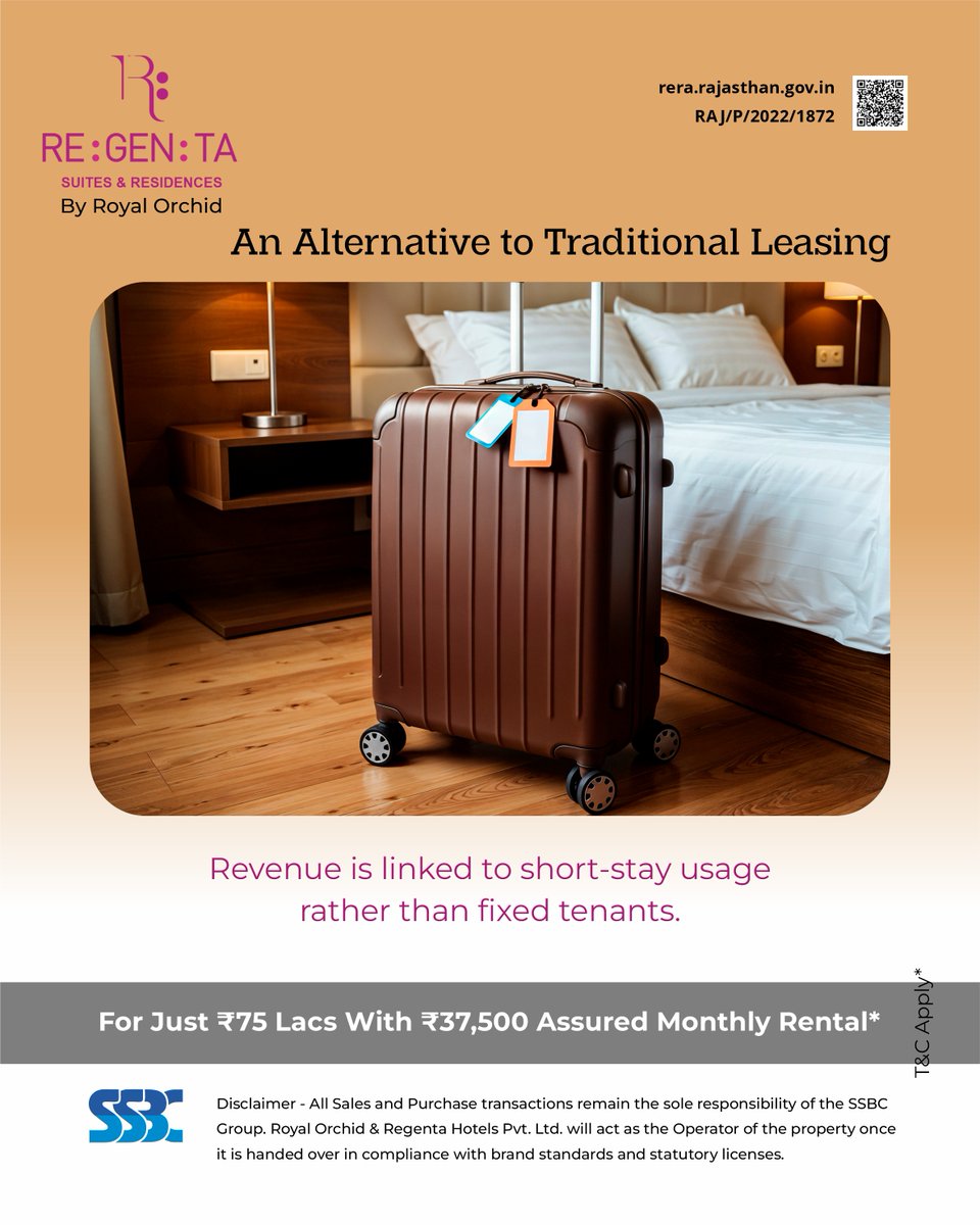 group_ssbc's tweet photo. Discover a refined investment opportunity that blends hospitality, design, and dependable returns. 

(Regenta Suites &amp; Residences, Royal Orchid Hotels, hospitality investment, serviced apartments Jaipur, assured rental income, hotel managed property, luxury studio investment) https://t.co/QuOG96AcEd