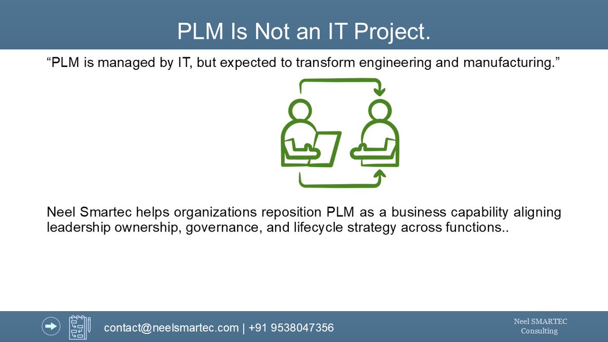 PLM isn’t an IT project.
It’s a business capability that shapes how products move across the lifecycle.
Ownership determines impact.
How is PLM positioned in your organization today? #PLM #Manufacturing