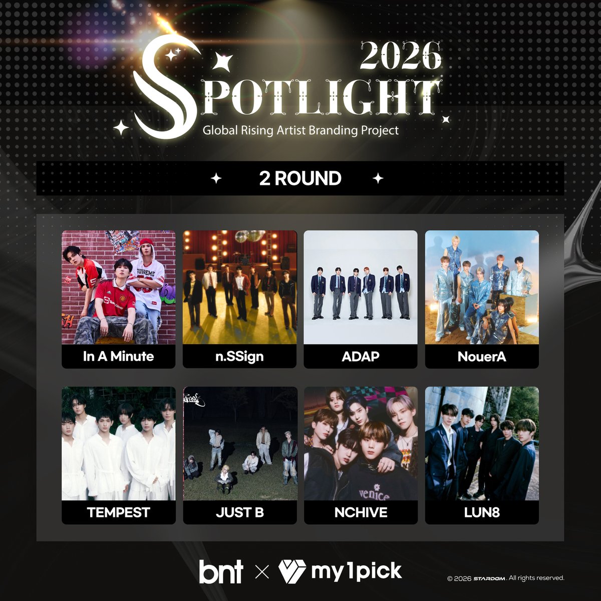 #BNT SPOTLIGHT 2차✨
라이징 아티스트 TOP 3 글로벌 브랜딩 프로젝트🌠

🗓️ 투표 기간
˙ 2라운드 : 2026.02.25(수) 15:00 ~ 03.04(수) 15:00 KST

🎖️ 투표 리워드
글로벌 매체 언론보도 + 릴스 최대 2천만 뷰 규모 노출 + 뉴욕 타임스퀘어 광고

아티스트 브랜딩 바로가기💌
🔗