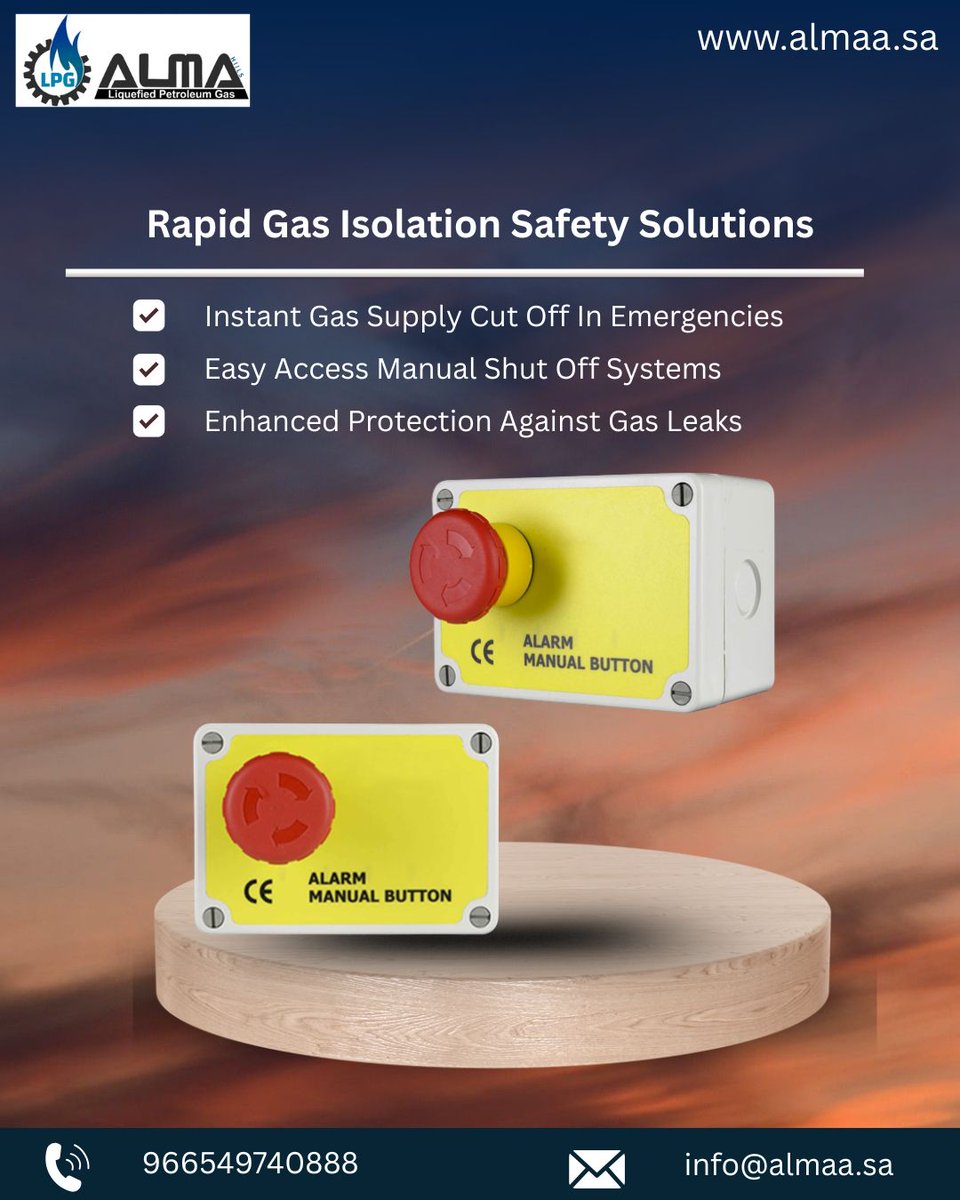 LpgAlma93733's tweet photo. ALMA LPG Solutions โ Your First Line of Defense in Gas Safety
Our Rapid Gas Isolation Systems are designed to protect lives and property with:
๐ Explore: https://t.co/DMapTWFhYj
โContact: info@almaa.sa
#GasIsolation #SafetyFirst #LPGSafety #EmergencyResponse #ALMASolutions https://t.co/YE6Mr9qRno