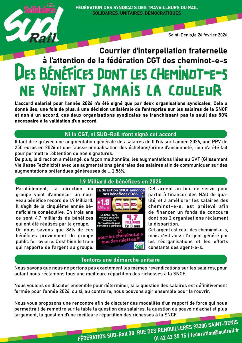 💵 #SNCF : des bénéfices dont les cheminotes et cheminots ne voient jamais la couleur 🔴

▶️ #SUDRail propose à la CGT Cheminots de construire un rapport de forces pour exiger la réouverture de négociations #salariales.