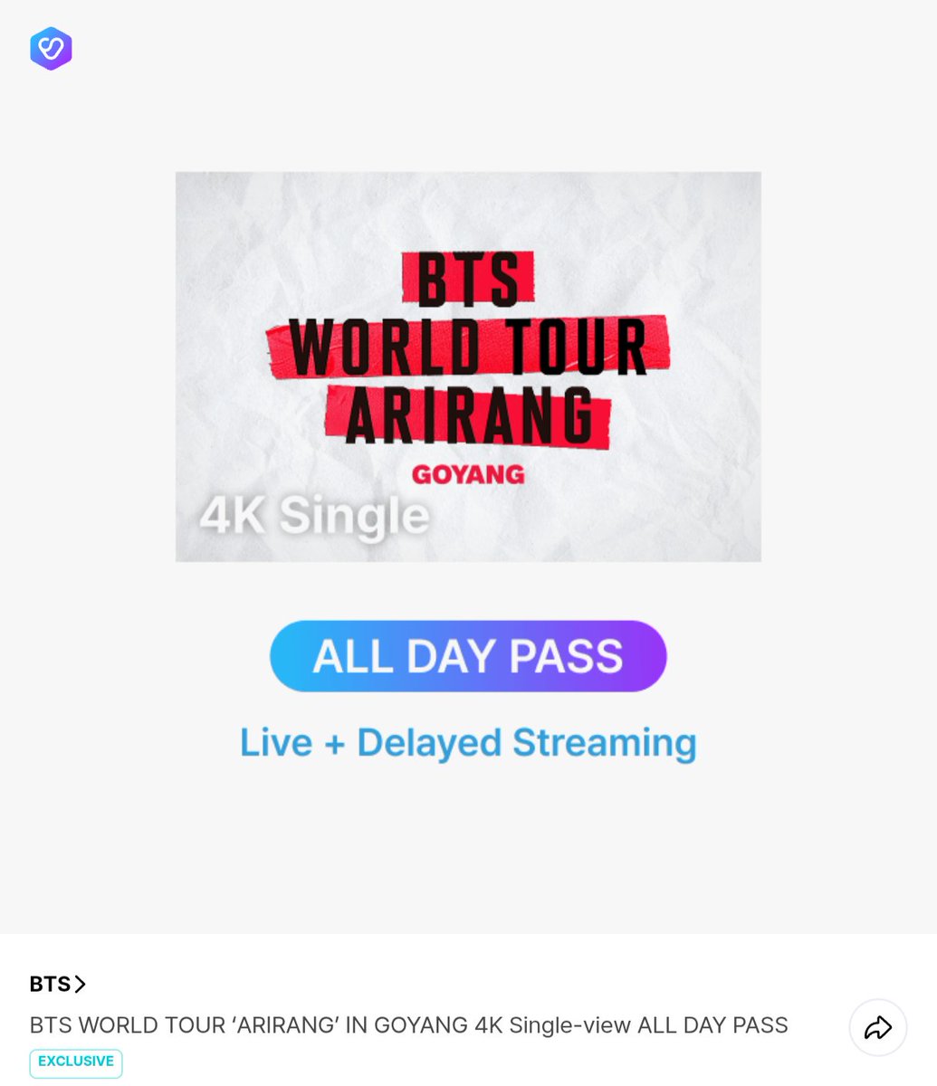 'ARIRANG' at Goyang  for ALL 3 DAYS.

• follow me
• rt and like
• will go private 30 mins before the concert starts,  links will be shared only within closed gcs.

If anyone is interested in pitching in some amount for this 3 day pass, let me know otherwise I'll be anyway