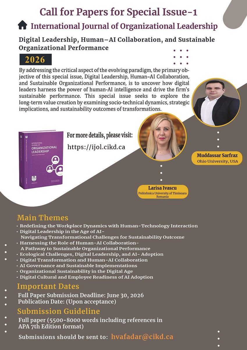 CanadianInstit1's tweet photo. Submission is open for special issue-1 2026:
International Journal of Organizational Leadership
https://t.co/Yuo0Ndd5ev https://t.co/w049XoLyXy
