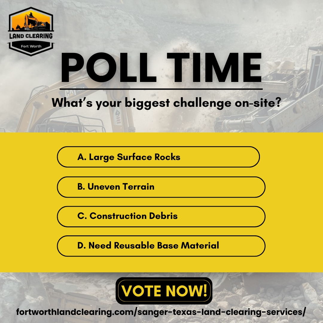 FortClearing's tweet image. Need Rock Crushing in Sanger TX? 
What’s your biggest challenge? Vote now!
🔘 Large surface rocks
🔘 Uneven terrain
🔘 Construction debris
🔘 Need reusable base material

🌐 fortworthlandclearing.com/sanger-texas-l…
📞 817-241-3267

#RockCrushing #SangerTX #LandClearing #TexasConstruction