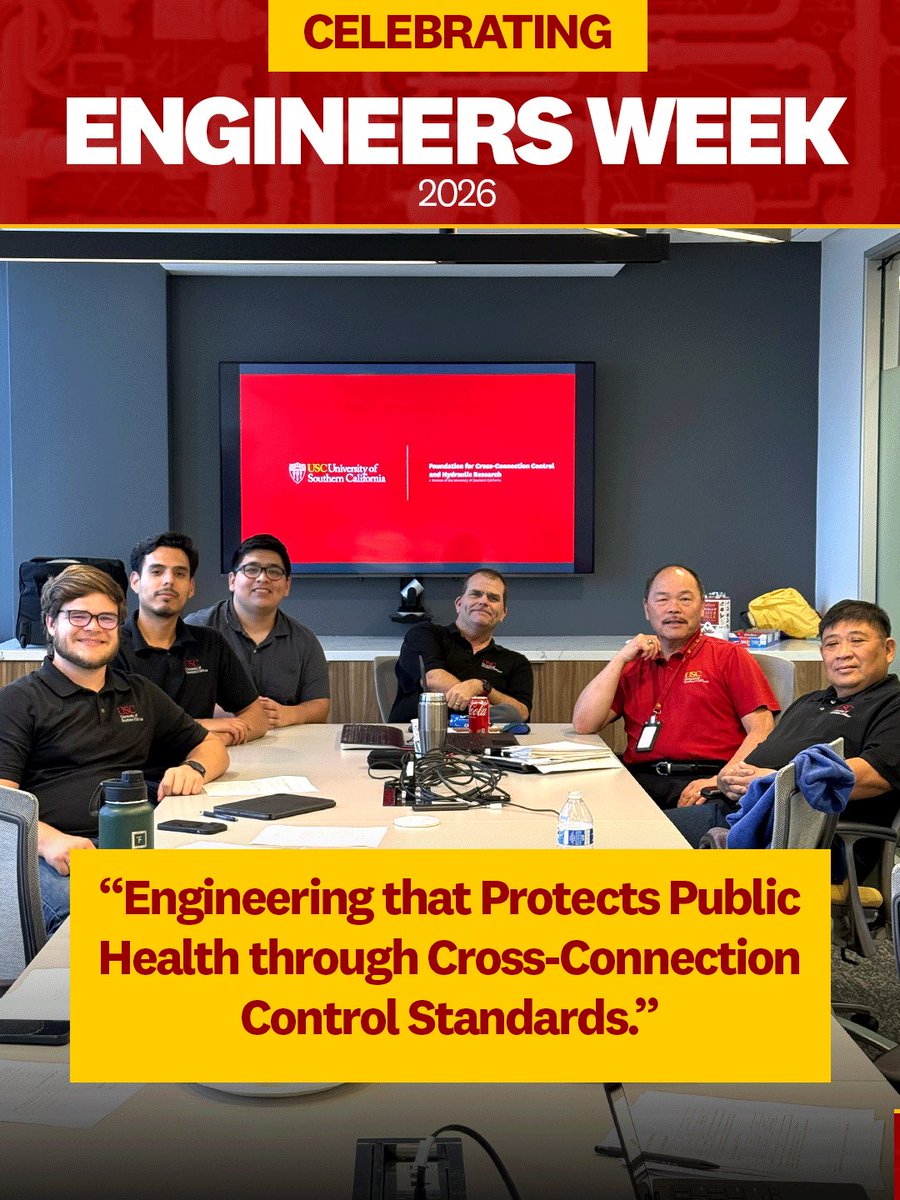 USCFCCCHR's tweet photo. This week we celebrate the USC Foundation’s Engineering Team who work diligently every day to help protect our drinking water. Their expertise in cross-connection control standards helps safeguard communities and public health.

#EngineersWeek2026 https://t.co/1Xld3d0Rz1