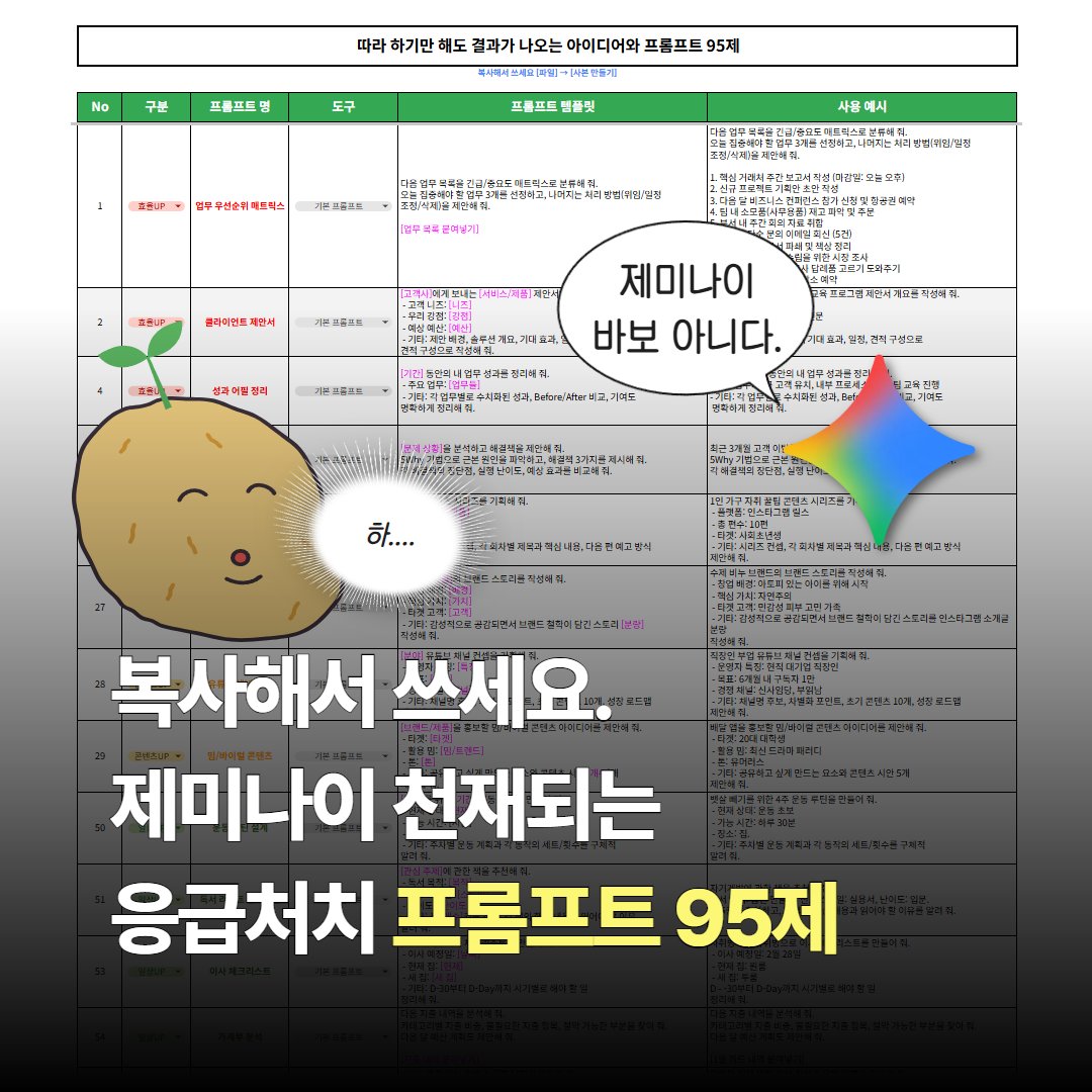programmer_food's tweet photo. [5분 제미나이] (무료) 응급처치 프롬프트 95제
구글 시트를 복사해서 쓰세요. [파일] → [사본 만들기] https://t.co/Ipqfm7nseS
-----
『5분 제미나이』: https://t.co/EMJGJJa37p
업무·콘텐츠·일상까지 ✦제미나이로 5분✦이면 됩니다. 무료 버전으로도 프로 수준의 결과물을 만들어 보세요.

• 사진 1장으로 인스타 게시물 만들기
• 경쟁사 분석 리포트 자동 생성
• 코딩 없이 웹사이트 제작하기
• 100페이지짜리 PDF 보고서 요약하기
• 나만의 AI 비서 Gems 활용하기