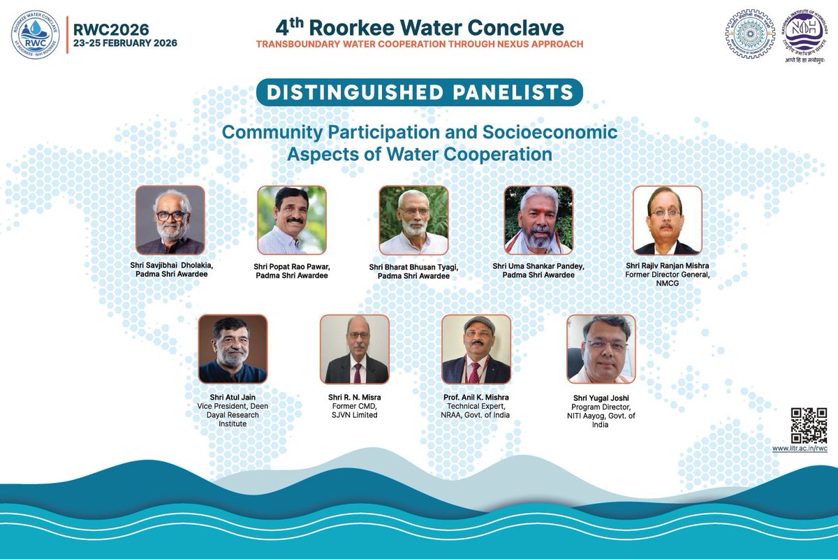 NIH_Hydrology's tweet photo. 🌍✨ Roorkee Water Conclave 2026 – A Resounding Success! ✨🌍

With 500+ delegates from 80+ institutions across 20+ countries, the 4th Roorkee Water Conclave (RWC 2026) has concluded on a high note at Indian Institute of Technology (IIT) Roorkee, jointly organized with the National Institute of Hydrology (NIH).

Over three days (23–25 February 2026), the conclave fostered vibrant dialogue on the theme “Transboundary Water Cooperation Through Nexus Approach” — bridging research, innovation, and policy for sustainable water futures.

🔹 Highlights included:
· Inaugural and keynote plenaries with eminent experts, including Padma Shri awardees and global leaders
· 40 international keynote speakers and 500+ participants
· Technical sessions, paper presentations, and poster exhibitions
· Special session on “Community Participation & Socio-economic Aspects of Water Cooperation”
· Cultural and networking programmes enriching global collaboration
