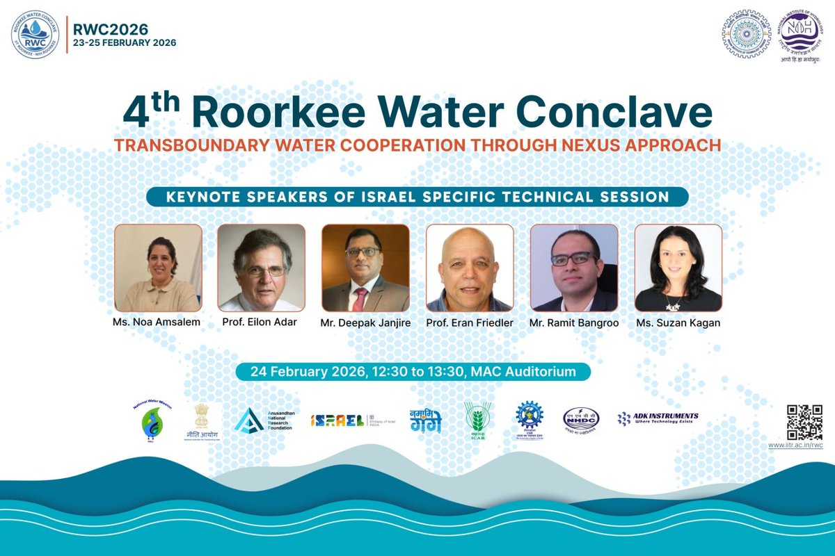 NIH_Hydrology's tweet photo. 🌍✨ Roorkee Water Conclave 2026 – A Resounding Success! ✨🌍

With 500+ delegates from 80+ institutions across 20+ countries, the 4th Roorkee Water Conclave (RWC 2026) has concluded on a high note at Indian Institute of Technology (IIT) Roorkee, jointly organized with the National Institute of Hydrology (NIH).

Over three days (23–25 February 2026), the conclave fostered vibrant dialogue on the theme “Transboundary Water Cooperation Through Nexus Approach” — bridging research, innovation, and policy for sustainable water futures.

🔹 Highlights included:
· Inaugural and keynote plenaries with eminent experts, including Padma Shri awardees and global leaders
· 40 international keynote speakers and 500+ participants
· Technical sessions, paper presentations, and poster exhibitions
· Special session on “Community Participation & Socio-economic Aspects of Water Cooperation”
· Cultural and networking programmes enriching global collaboration