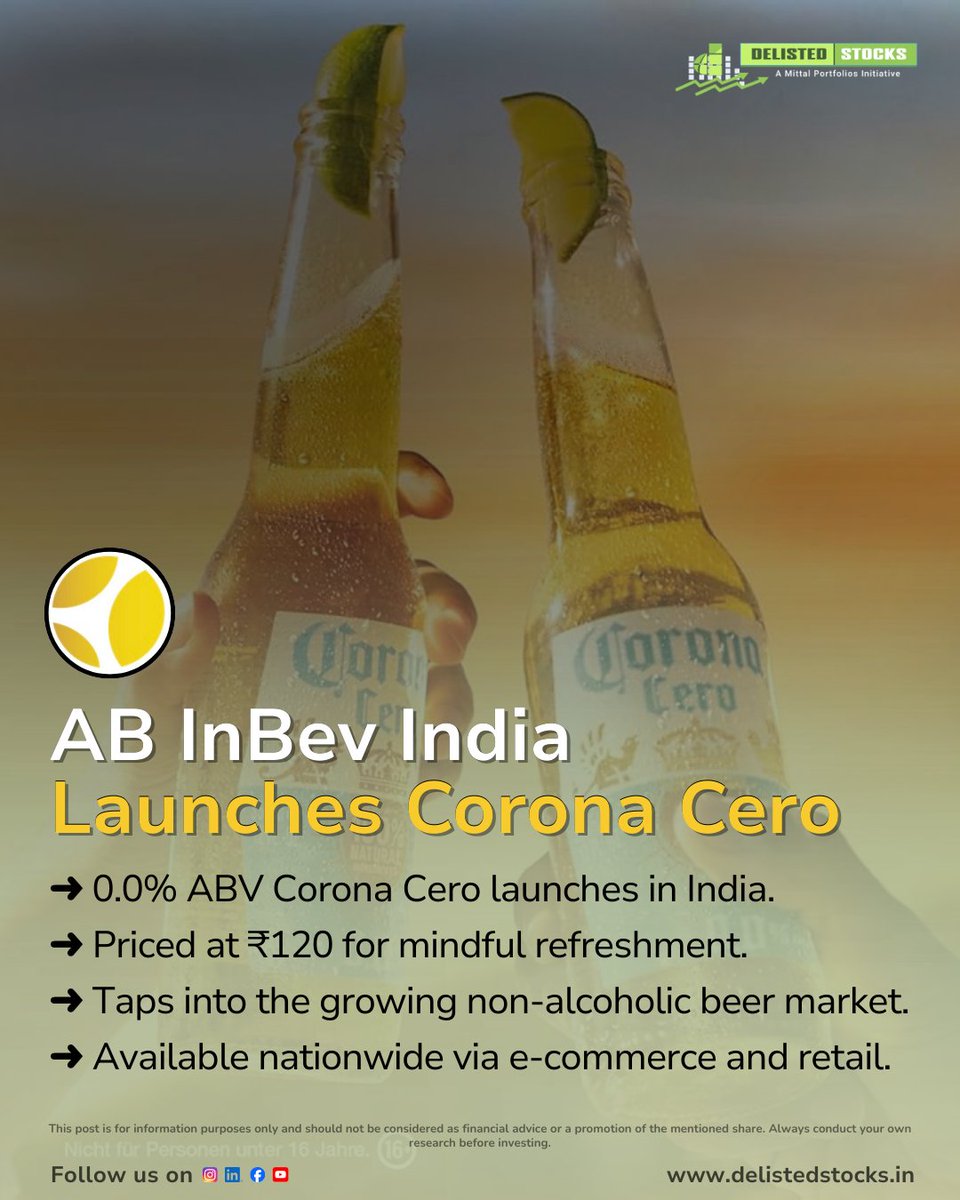 delisted_stocks's tweet image. AB InBev brings Corona Cero to India! Priced at ₹120, the 0.0% alcohol variant is rolling out nationwide to meet the growing demand for mindful, premium refreshment.

The same iconic flavor, now for every occasion.

#CoronaCero #SmartDrinking #ABInBev #NewLaunch #IndiaNews