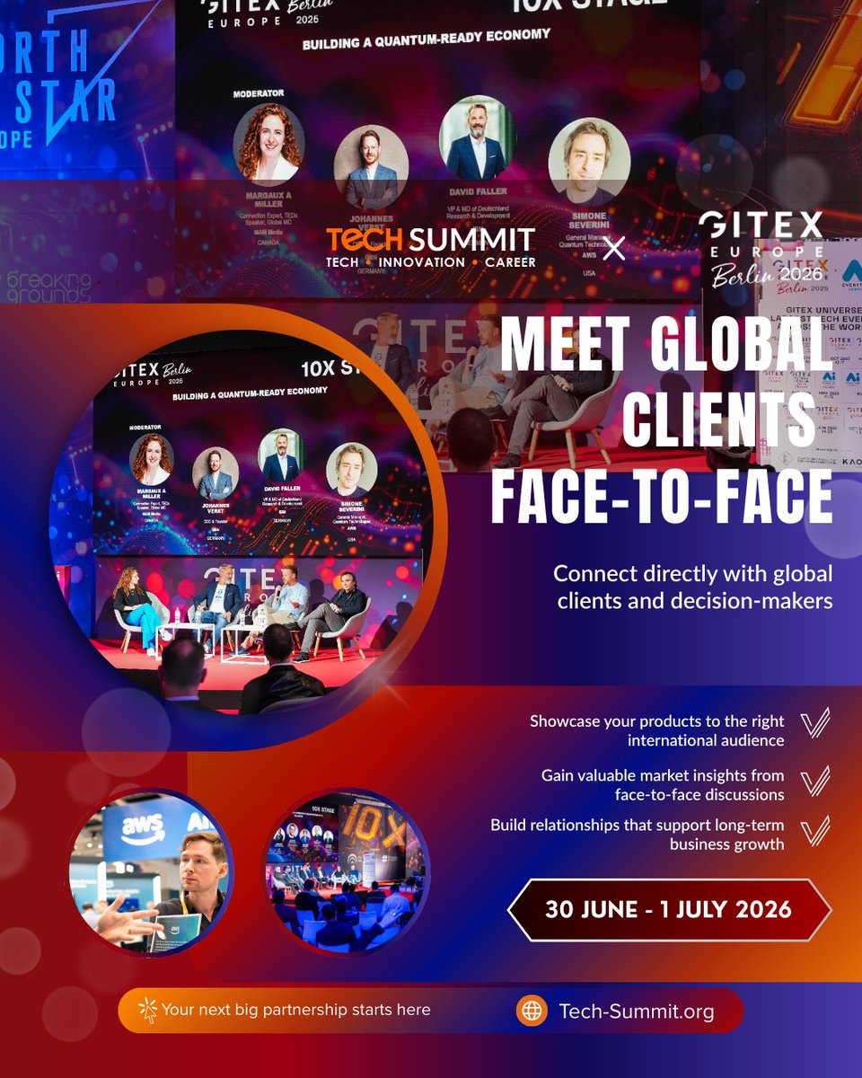 Meet global clients face-to-face at GITEX x Tech-Summit Berlin!

Showcase your products, gather insights &amp; build relationships that drive growth.

Your next big partnership starts here 👉 tech-summit.org

#TechSummit #Networking #BusinessGrowth