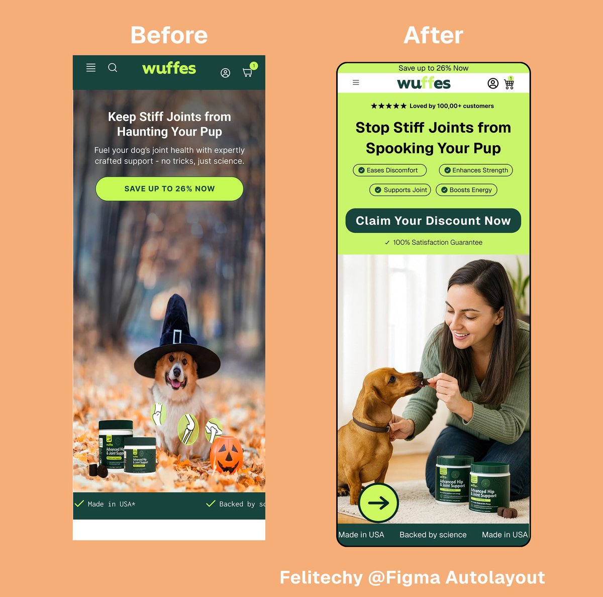 AdebanjiFe35705's tweet image. Here’s a mobile hero section redesign (before &amp;amp; after).
The biggest change?
We stopped describing the product and started selling the outcome.
Small structural shifts can unlock serious conversion gains.
#EcommerceGrowth #ShopifyTips #DTCBrands