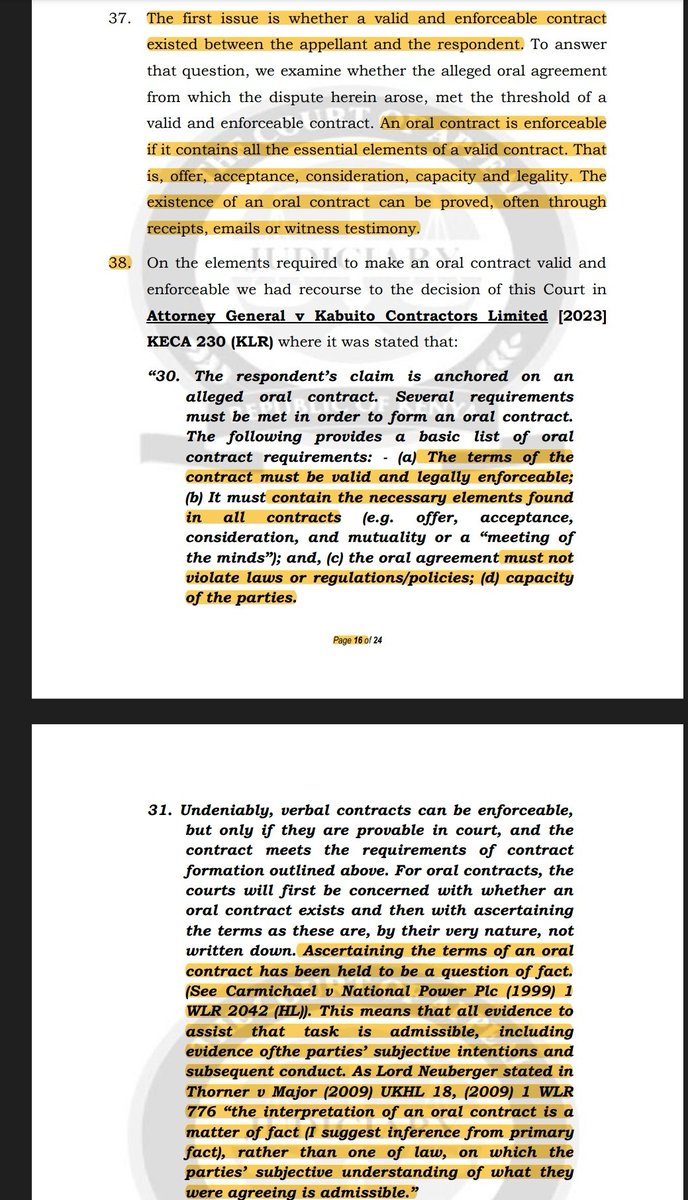Oral Contracts requirements: 
-Terms must be valid&amp;legally enforceable;
-Must contain the necessary elements found in all contracts
-Must not violate laws or regulations/policies
-Capacity of the parties.

Existence is a question of fact. Look at parties intention &amp; conduct.