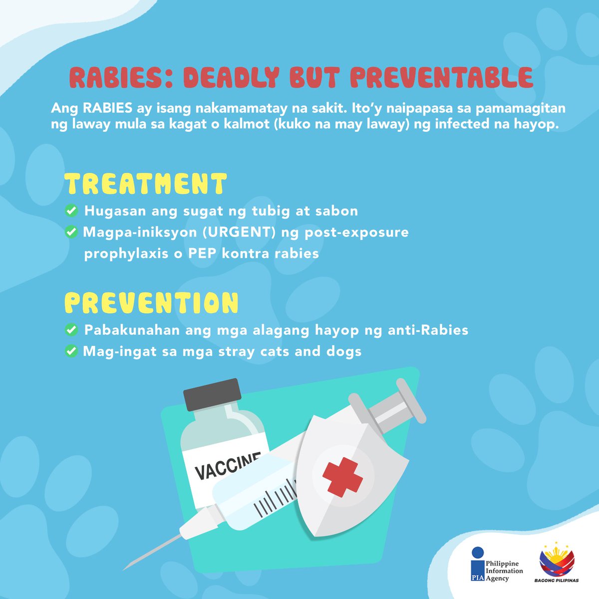 PIADesk's tweet image. Ngayong Rabies Awareness Month, ating palawakin ang kaalaman tungkol dito, bigyang-diin ang kahalagahan ng pagpapabakuna, at itama ang misconceptions ukol dito!
#RabiesAwarenessMonth #GetVaccinated #AsoMoTaliMo #ResponsiblePetOwners #PIA #BagongPilipinas #IntegratedStateMedia