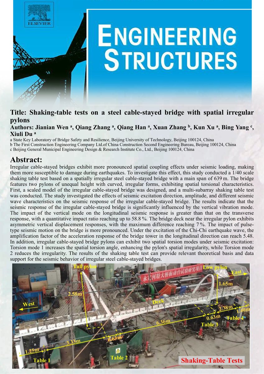 Eng_structures's tweet photo. Editor’s Featured Papers
Volume 344 (Asia/Pacific)
Paper Title: Shaking-table tests on a steel cable-stayed bridge with spatial irregular pylons
Volume 344, 1 December 2025, 121345
https://t.co/fuOJldjm9g
#engineeringstructures https://t.co/0WayKpzHcG