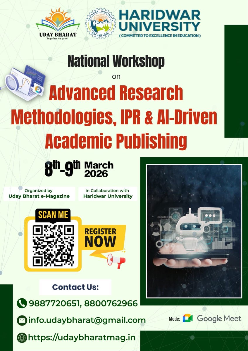 HURoorkee's tweet photo. National Workshop on Advanced Research Methodologies, IPR & AI-Driven Academic Publishing
We are delighted to announce a 2-Day National Workshop scheduled on 8th–9th March 2026, organized by Uday Bharat E-Magazine in collaboration with Haridwar University
#NationalWorkshop https://t.co/bbpjoanIOs