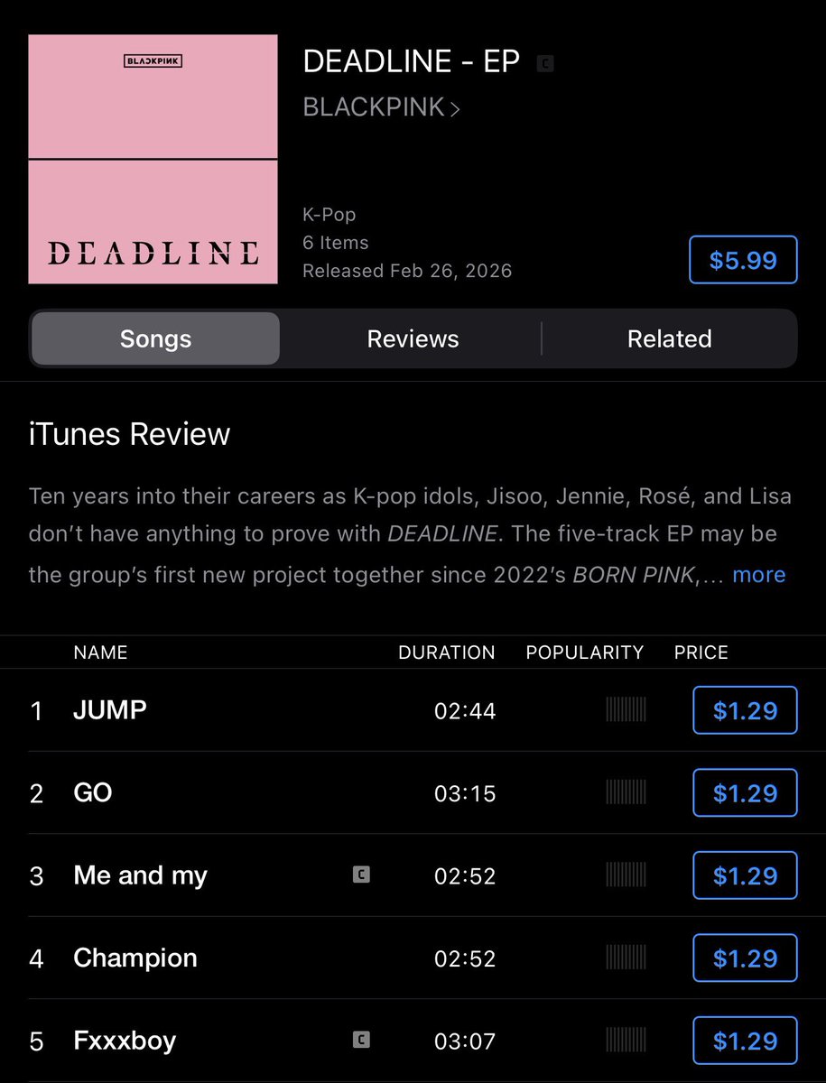 PINKCULTURED's tweet photo. GO BUY #DEADLINE ON ITUNES, BOTH EXPLICIT AND CLEAN VERSIONS!! 

*** BUY ALL TRACKS SEPARATELY 

DEADLINE OUT NOW
#DEADLINEWillMakeYouGO 
#BLACKPINKDEADLINE @BLACKPINK https://t.co/lhVr4xsovc