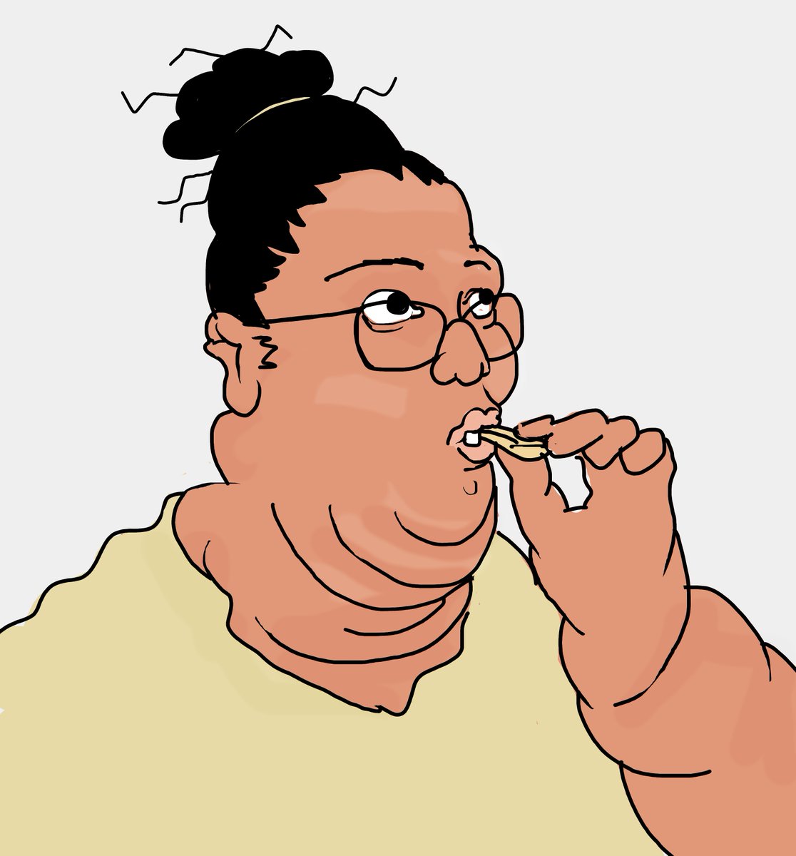 Pessoal pediu pra fazer um desenho da dona que come salgadinho enquanto pensa em auxilios, ficou meio cartoon