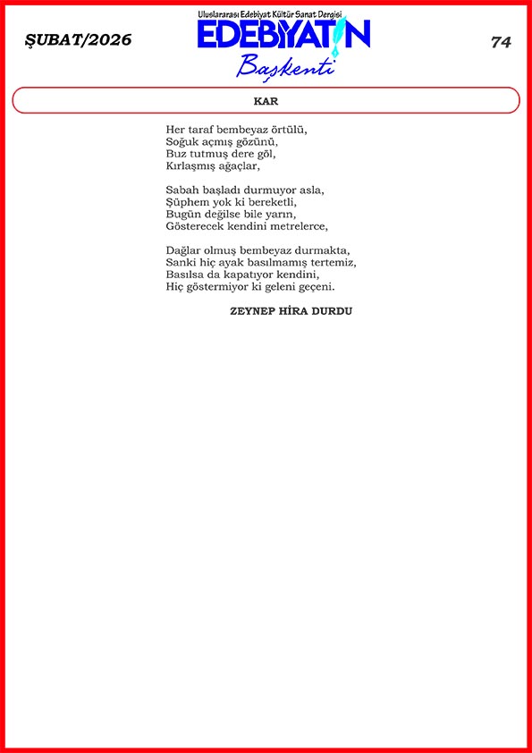 Zeynep Hira Durdu'dan güzel bir şiir daha: Kar...
edebiyatinbaskenti.com 
#şiir 
#şair