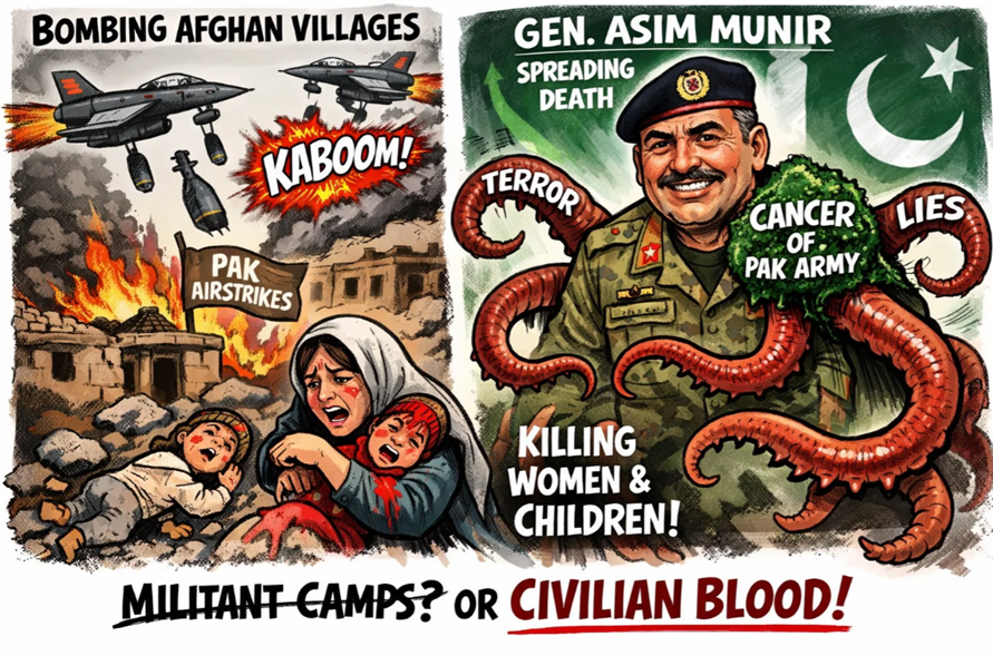 Pak Army Asim Munir cancer spreads again: Just days ago (22 February 2026), its air force bombed Afghan villages in Nangarhar &amp; Paktika, killing dozens of civilians including women &amp; kids. Pak claims "militant camps," but it's civilian blood for their propaganda army's agenda.