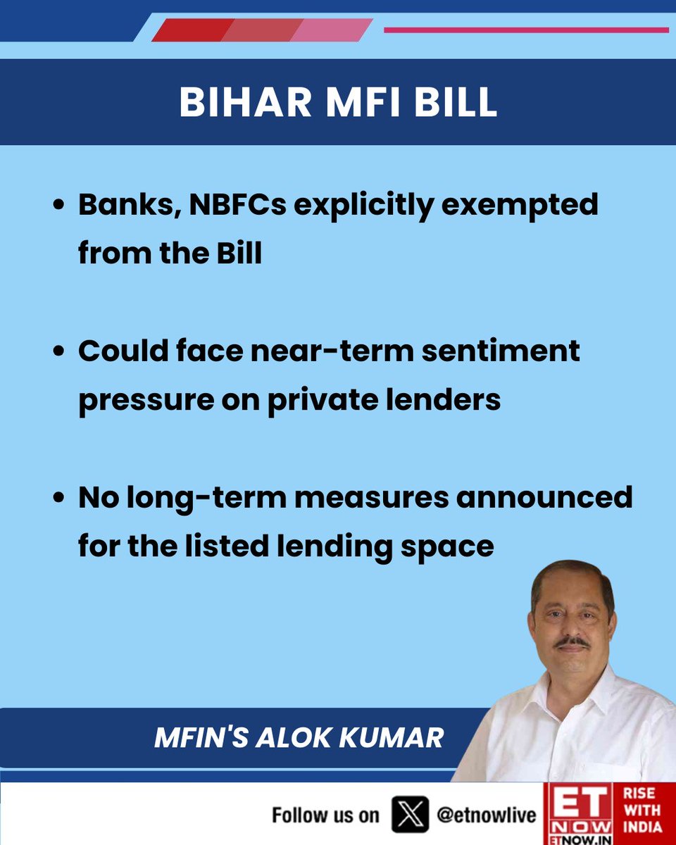 ETNOWlive's tweet image. Alok Kumar on Bihar MFI Bill says private lenders may face near-term pressure; banks and NBFCs exempted

#BiharMFIBill #AlokKumar #NBFC #PrivateLenders @mfin_india