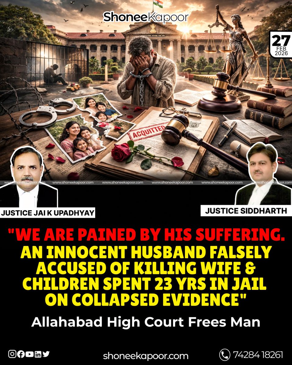 ShoneeKapoor's tweet photo. A husband was convicted for killing his wife and children — and spent 23 years in prison.

The High Court found tutored testimony, weak confession evidence, and serious investigative lapses.

He walked free, but no court can return the 23 years taken from him.

Read More:👇
https://t.co/SgZPwRtPou

#WrongfulConviction #JudicialFailure #InvestigativeLapses #MensRights #JusticeDelayedJusticeDenied #LegalReformIndia #CriminalJusticeSystem #HighCourtVerdict